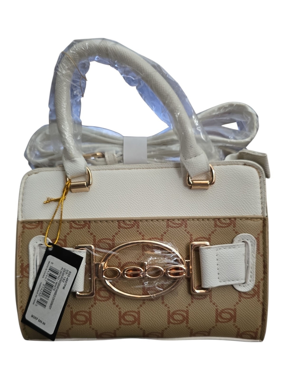 Bebe Leilani Almond White Monogram Mini Satchel Crossbody Bag